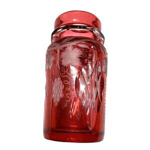 Vintage Bohemian Ruby Red Cut Glass Vase 4" Grapes Italian Greek